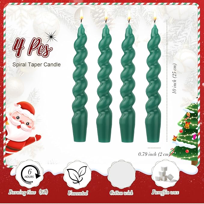 Zhengmy 4 Pcs Dark Green Spiral Taper Candle 7 Inch Twisted Long Wax Dinner Candlestick for Fall Halloween Christmas Holiday Valentines Wedding Birthday Baby Shower Table Decor(Solid)