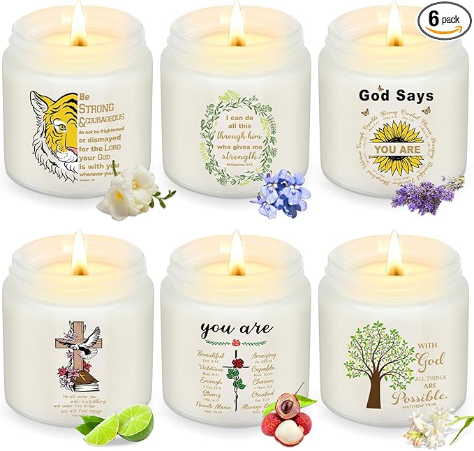 6 Pcs Christian Religious Scented Candles 3.5oz Palm Wax Jar Jesus Candle Inspirational Bible Verse Gift for Women Prayer Christmas Catholic Spiritual Faith Gift for Church Teen Girl, 6 Scents
