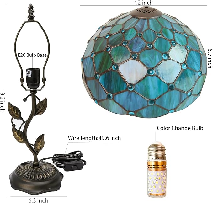 Stained Glass Table Lamp, Blue Green Style Metal Leaf Base Desk Reading Light 12X12X19 Inches Decor for Bedroom Living Room Office