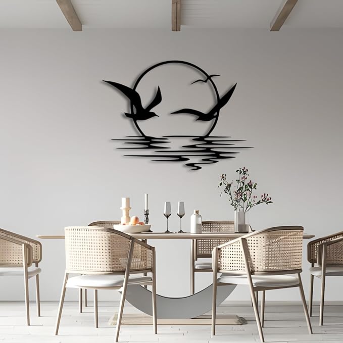 kuestboy Metal Wall Art of Sunrise and Seagulls, Modern Coastal Sculpture for Living Room, Bedroom, Office Decor，Black Wall Decor (39" X 28" | 100X72cm)
