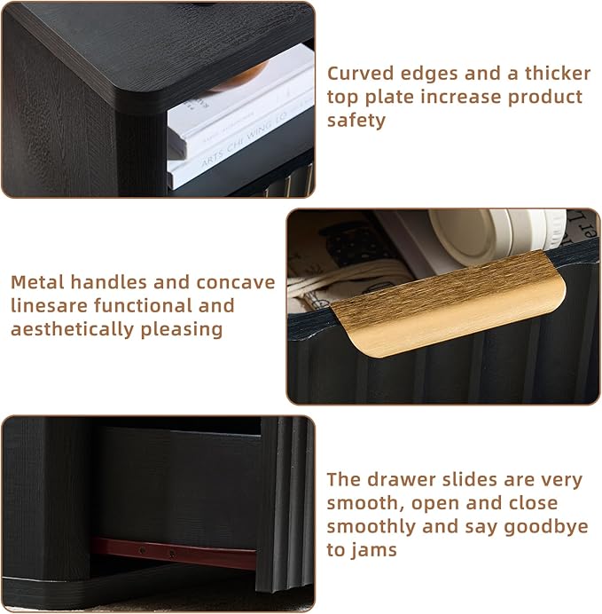 LEYAOYAO 31" Wide Fluted Night Stand Set of 2 with Charging Station, Oversized Extra Large 2 Drawers Nightstand,Black Wood Bedside Table,Tall End Tables,Modern Chest of Drawers Dressers for Bedroom