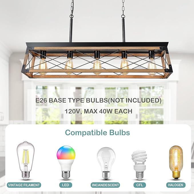 Airposta Farmhouse Rustic Wood Chandelier, 5 Lights Metal Rectangle Dining Room Swag Lighting, Kitchen Island Industrial Linear Cage Pendant Light Fixtures Hanging Lamp