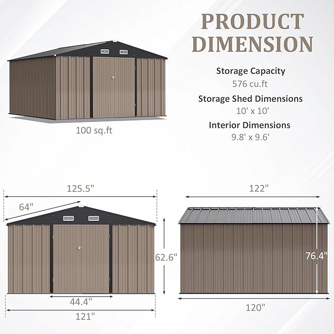 Greesum 10×10 FT Outdoor Storage Shed, Metal Storaged Sheds Without Floor, Tool Sheds with Lockable Doors and Slooping Roof for Garden, Patio, Backyard, Brown