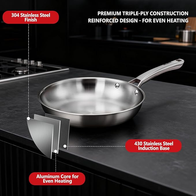 ROVSUN 10-Pcs Stainless Steel Cookware Set, Tri-Ply Pots and Pans Set, Non-Toxic Kitchen Set, PFOA & PTFE Free, Full Clad Frying Pans, Saucepans, Saute Pan & Stock Pot, Compatible for All Cooktops