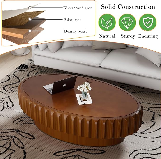 43.3" Oval Drum Coffee Table with Storage Retro Rustic Center Tables - Solid Wood Handcrafted Relief Veneer for Farmhouse Apartment (C Oval 43.3in)