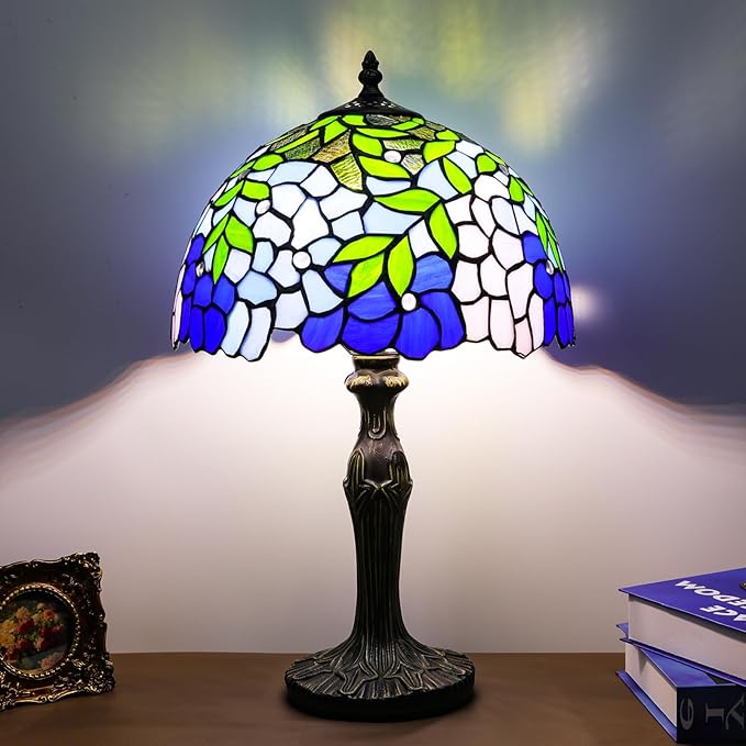Stained Glass Table Lamp, Blue Green Leaves Style Lampshade & Plant Texture Curve Antique Base Desk Reading Light 12X12X19 Inches Decor for Bedroom Living Room Office