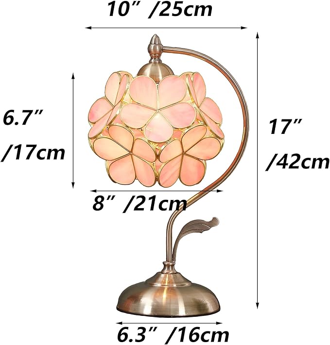 Bieye L10732 Tiffany Style Stained Glass Flower Petal Table Lamp with Brass Base for Home Décor (Pink, 8" Cherry Blossom)
