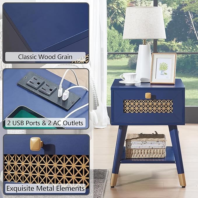 Mid Century Modern End Table, Small Side Tables with Charging Station & Outlets and USB Ports, Blue Wood Nightstand with Storage Drawer and Open Shelf for Living Room, Set of 2