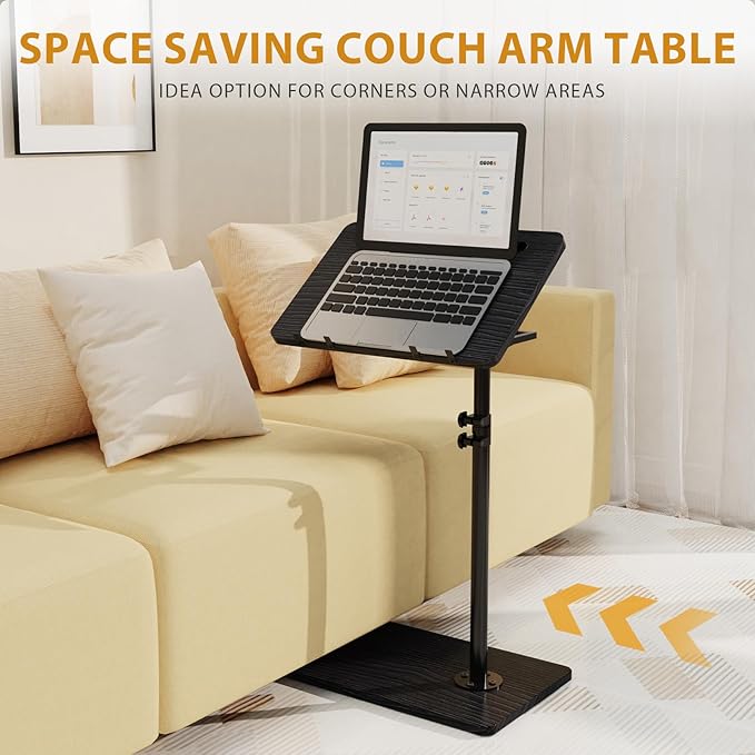 TV Tray Table, Adjustable C Shaped End Table for Couch, 360°Swivel Couch Side Tables That Slide Under Couch Desk Tray Tables for Small Space Sofa Bed Living Room Bedroom Bedroom(Black)