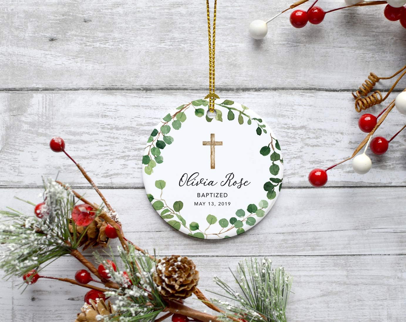 Andaz Press Personalized Baptism Ornament 2025, Round Ceramic Porcelain Baptism Christmas Ornament, Olivia Rose Carter Baptized May 1, 2025, Farmhouse Eucalyptus Wreath, 1-Pack Custom