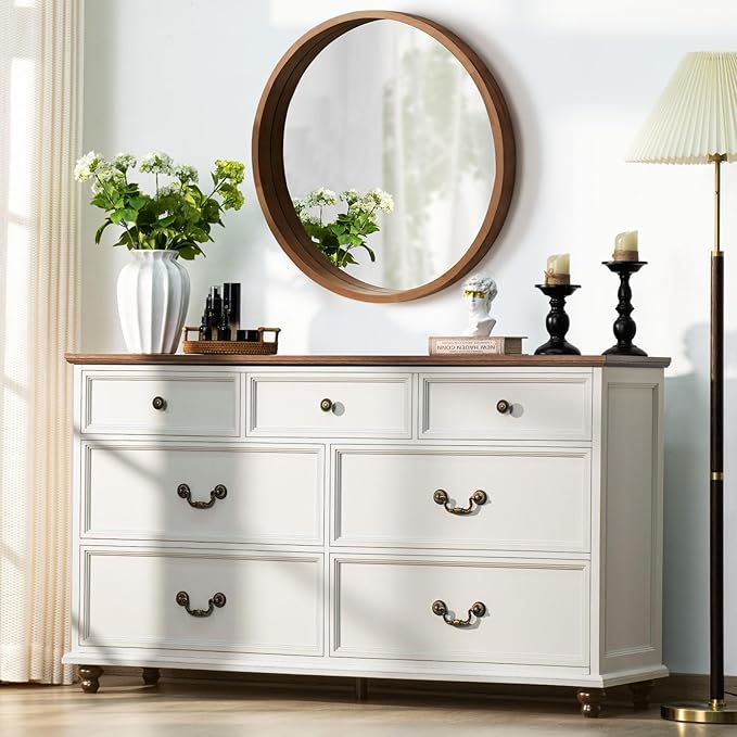 Farmhouse 54" 7 Drawers Dresser for Bedroom, White Wood Chest of Drawers w/ 4 Wooden Legs, Vintage Closet Storage Dressers Organizer for Hallway, Rustic Large TV Stand for Living Room, Foyer