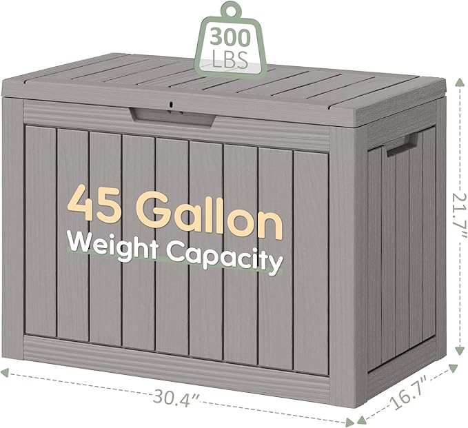 KAMABOKO 45 Gallon Outdoor Storage Box, All-Weather Deck Box for Patio Furniture, Package Deliveries, Garden Tools, Pool Supplies & Cushions, Grey