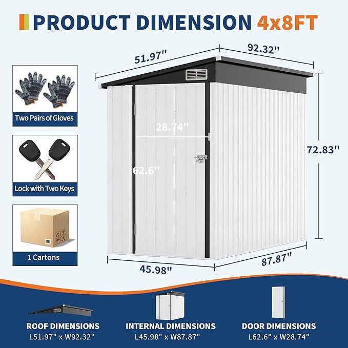 4x8 FT Metal Outdoor Lean to Storage Shed, Lean to Garden Shed Utility Tool Shed, Heavy-Duty Outdoor Metal Wall Side Storage Sheds