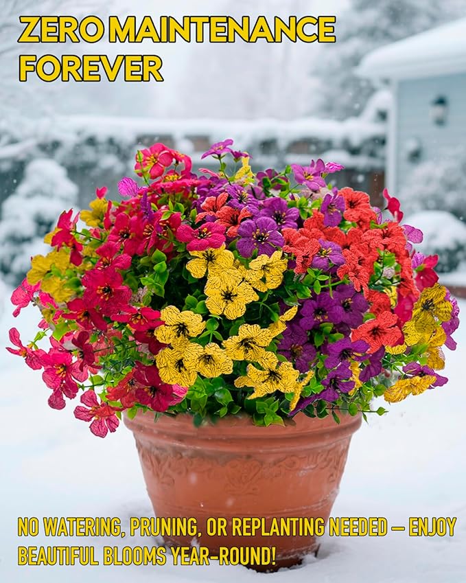 UV Resistant Daisy Faux Flowers for Outdoor Planters Hanging Basket Window Box - 18 Bundles Fake Flowers Outside with Eucalyptus, Realistic Silk Artificial Plants for Porch Garden Home Décorations