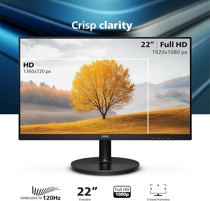 Philips 221V8LB3 22'' Class Thin Full HD Monitor (1920 x 1080), 120Hz with 1ms MPRT for Casual Gaming, Adaptive Sync, LowBlue Mode, VESA Mount, HDMI & VGA, 4-Year Advance Replacement Warranty