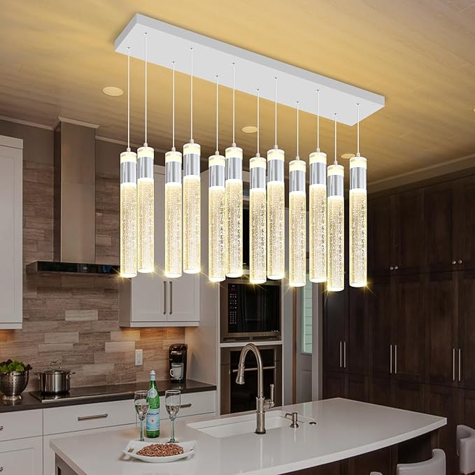 Glam Rectangular Crystal Column Chandelier for High Ceiling 12-Lights Silver LED Dimmable Pendant Light for Kitchen Island Dining Room Entrance Foyer Living Room Adjustable Height