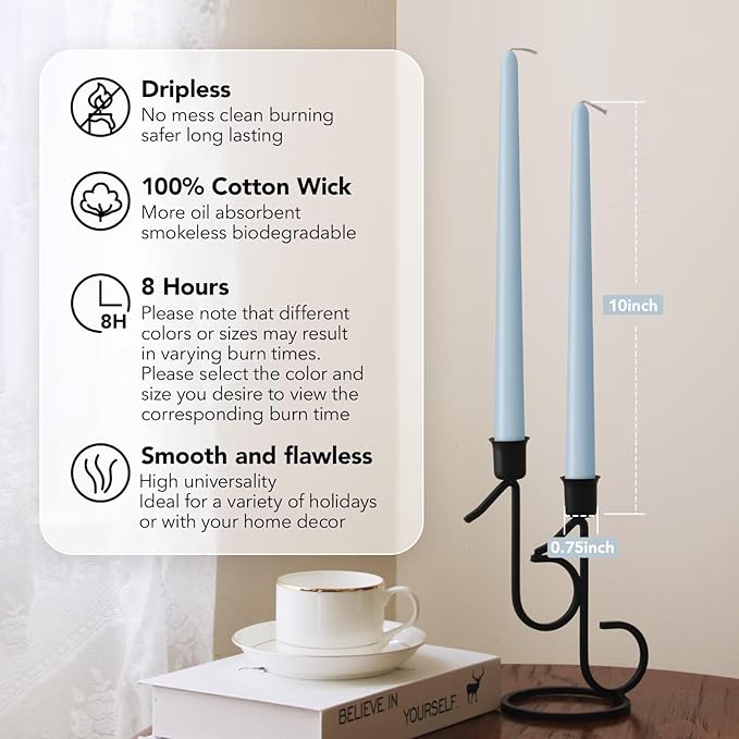 10-Inch Tall Unscented Dripless Taper Candles Bulk 30 Pack - Baby Blue Taper Candles Bulk for Dinner - Smokeless, 6-8 Hour Long Burning - Colored Candlesticks Bulk - Baby Blue