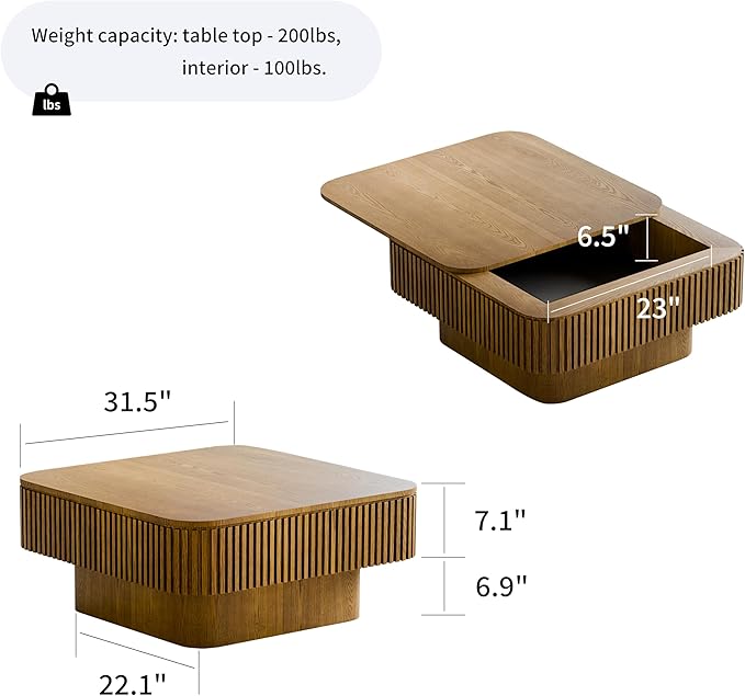 31.5'' Square Coffee Table with Storage, Mid Century Modern Fluted Drum Center Tables with Lid, Solid Wood Modern Coffee Table Accent Tea Table for Living Room, Bedroom, Apartment or Office, Brown