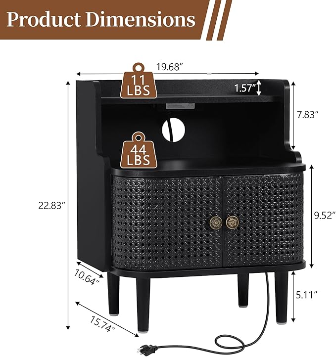 Metal Rattan End Table Set of 2 with Charging Station, Mid Century Modern Nightstand with 2 Doors, Bed Side Table with Storage for Couch,Living Room, Sofa Side Table for Office,Dorm - Black