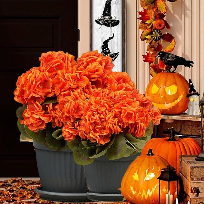 6 Bundles Silk Geraniums Artificial Flowers for Outdoors, UV Resistant Faux Plants Realistic for Garden Patio Porch Window Box Home Indoor Outdoor Decor (12, Orange-red)