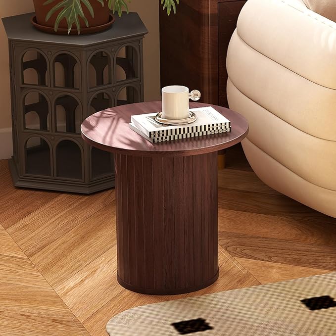 COSVALVE Round Wood Fluted End Table, 15.7“ Circle Farmhouse Side Table Sets for Living Room, Bedroom, Balcony, Small Spaces, Walnut