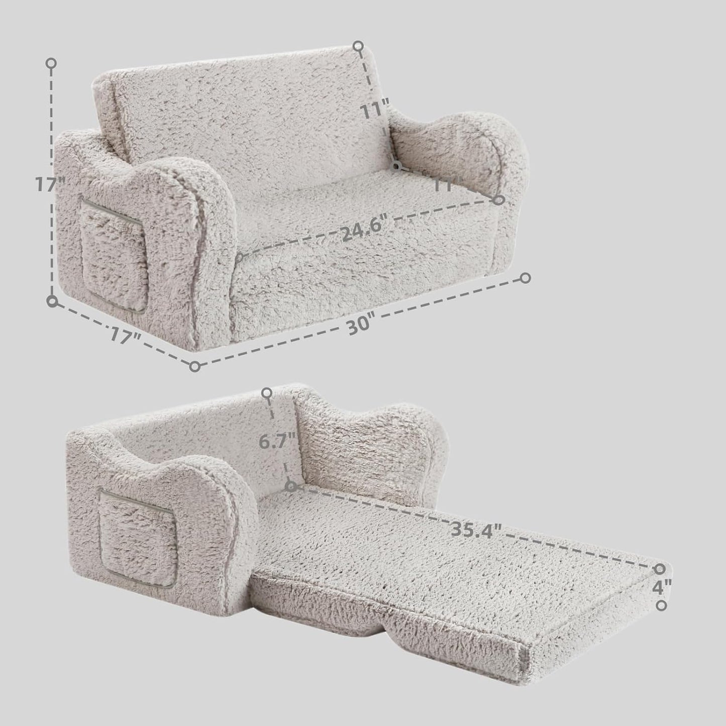Kids Extra Wide Chairs for Toddler, 2-in-1 Toddler Soft Sherpa Couch Fold Out, Convertible Sofa to Lounger for Girls and Boys, Grey