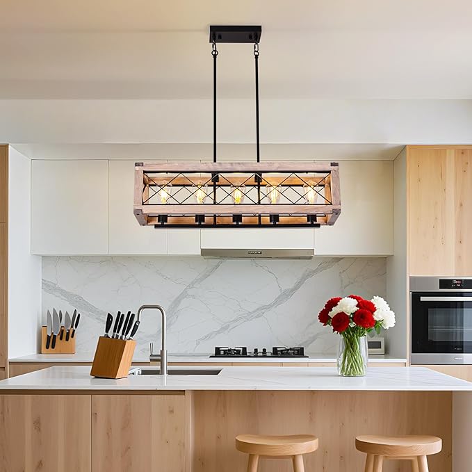 Rectangle Wood Chandelier Farmhouse Style Kitchen Pendant Lighting Over Island 5 Light 31 Inch Dining Room Light Fixture Adjustable Height Pendant Light for Dining Room Bar Pool Table.