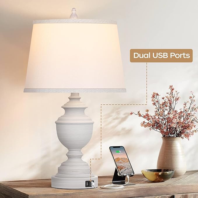 Table Lamps Set of 2, Modern Farmhouse Nightstand Lamp with USB Ports, 3-Way Dimmable Touch Control Washed White Bedside Lamps with Off-White Linen Shade for Bedroom Living Room, Bulbs Included