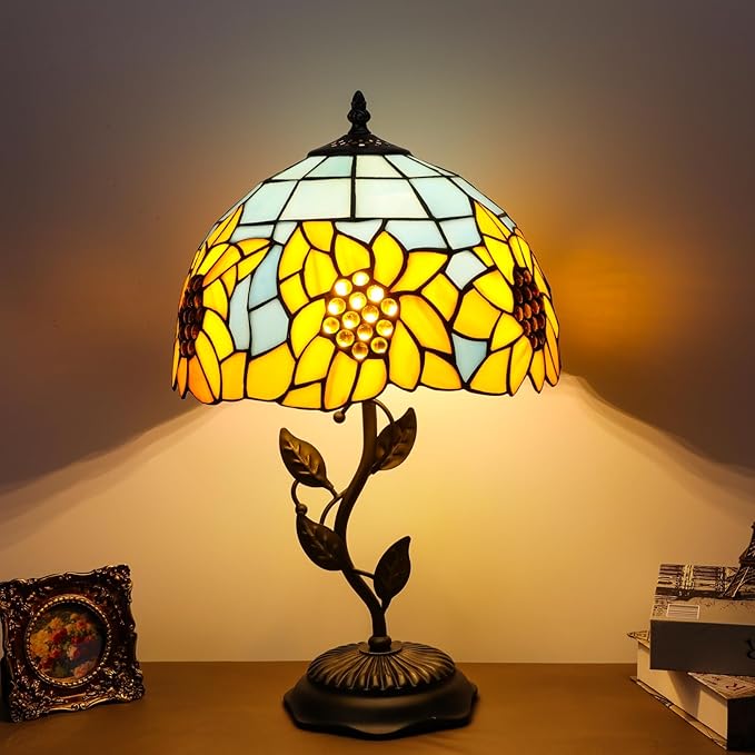 Stained Glass Table Lamp, Sunflower Style Lampshade Metal Leaf Base Desk Reading Light 12X12X19 Inches Decor for Bedroom Living Room Office