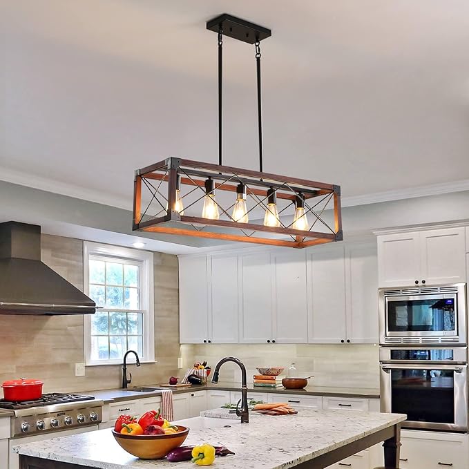 Farmhouse Lighting Dining Room Light Fixture, Farmhouse Chandelier, Kitchen Island Lighting, Rustic 5 Light Pendant Chandeliers, Country Wood Island Lights-Walnut