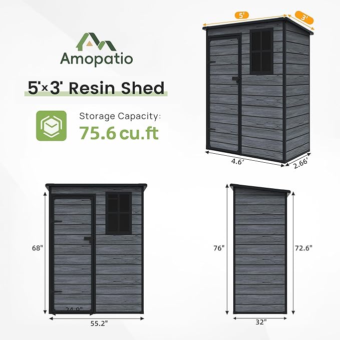Amopatio Outdoor Storage Shed with Floor,5x3 FT Lockable Plastic Tool Shed with Ventilation,Waterproof Resin Garden Sheds for Backyard,Patio,Lawn and Bike Dark Grey
