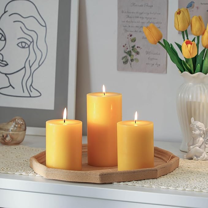 3x6 Inch Yellow Pillar Candles Set of 3 - Decorative Unscented Pillar Candles, Long Burning Dripless Candles for Table Decor, Smokeless Large Pillar Candle for Wedding, Dinner, Rustic Home Decor