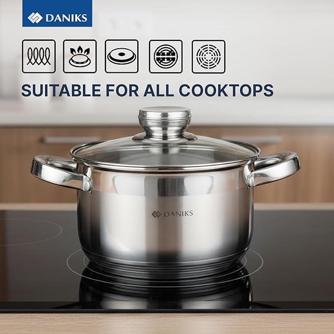Daniks Standard 3 Quart Stainless Steel Stock Pot with Glass Lid, Try-Ply Bottom for Even Heating, Induction Compatible, Dishwasher Safe, Built-In Measuring Scale, Silver