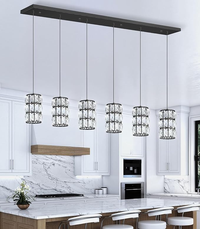 6-Lights Rectangle Modern Crystal Pendant Lights for Kitchen Island LED Dimmable Glam Pendant Lighting Chandelier for Dining Room Hallway Corner Lamp Black