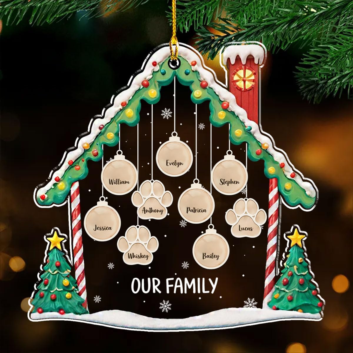 Personalized Family Christmas Acrylic Ornament 2024 - Custom Name Charms Family Members up to 10 People and Pets, Paw Charm Ornament Gifts for Family Tree Decoration (A02, 5 Names)