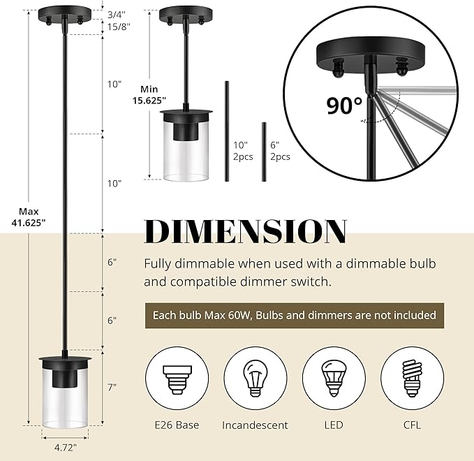 Modern Pendant Light Glass Shade, Kitchen Island Pendant Lighting with Glass Shade for Dining Room,Bedroom, Bar,Office,Farmhouse Black,1Pack-4.72 Inch Shade 40 Inch Cord