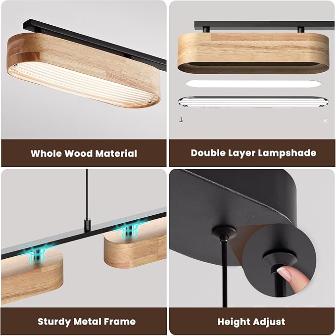 50.2" Linear Island Lights for Kitchen, 38W Wood Chandeliers for Dining Room, LED Rustic Dimmable Lighting Fixture for Farmhouse, 4-Light Pendant Lights for Kitchen Island Over Table