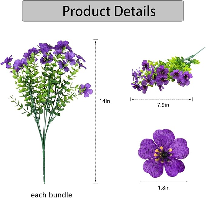 Artificial Flowers for Outdoor Indoor Garden Home Decoration, Faux Flower Daisy with Eucalyptus Leaves Fake Plants Greenery Boxwood Porch Patio, 10 Bundles (Purple-Blue)