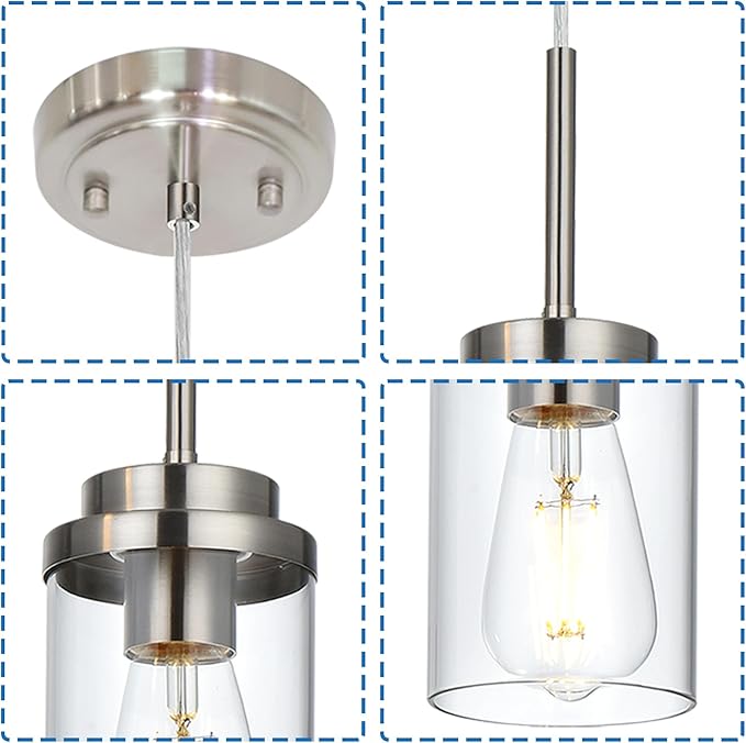 MELUCEE 3 Pack Hanging Pendant Lighting Fixtures Brushed Nickel, Adjustable Hanging Ceiling Lamp with Clear Glass Shade, Modern Pendant Light for Kitchen Island Dining Room Hallway