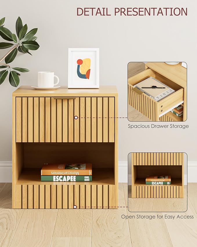 Nightstand, Modern Night Stand, Bedside Table with Drawer and Open Shelf, Cube Design, Side Table for Bedroom, Living Room, Oak