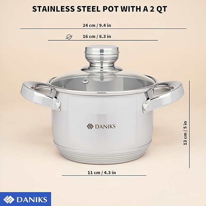 Daniks Standard 2 Quart Stainless Steel Stock Pot with Glass Lid, Try-Ply Bottom for Even Heating, Induction Compatible, Dishwasher Safe, Built-In Measuring Scale, Silver