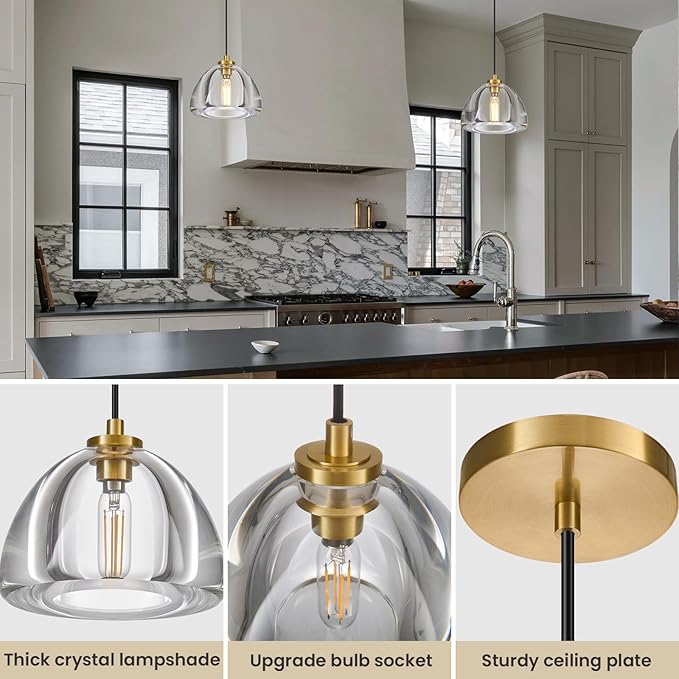 Crystal Pendant Light Kitchen Island: 7" Dimmable Vintage Brass Hanging Lights above Dining Table - Modern K9 Crystals Lighting - Luxury Gold Hemispher Pendants Light Fixtures 3000K E12 Bulbs Included