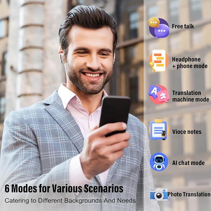 Ai Translation Earbuds Real Time, Simultaneous Interpretation Translator Earbuds with 6 Translation Modes/164 Languages, No Subscription Translatior Headphones, Dark Gray