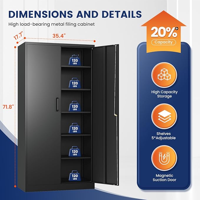 Yizosh Metal Storage Cabinet with Lock - 72" Garage Storage Cabinet with 2 Locking Doors and 5 Adjustable Shelves, Black Steel Lockable for Office,Home,Garage