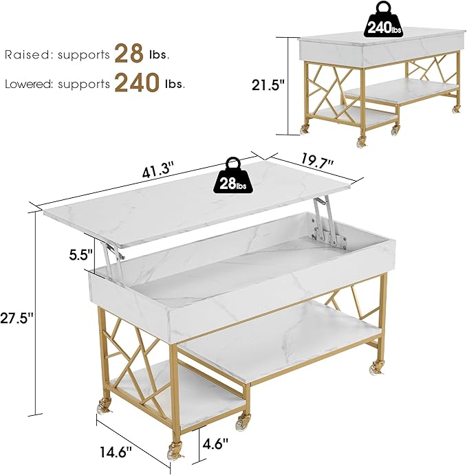 ivinta Lift Top Coffee Table with Storage, Modern Center Table with Lockable Crystal Wheels and Hidden Compartment for Living Room Home Office 1150 (White and Gold)