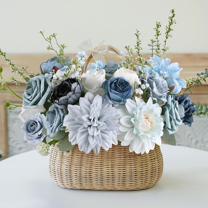 AGIRL Artificial Flowers Combo Silk Mix Blue Fake Flower with Stems for DIY Wedding Bouquets Centerpieces Arrangements Table Chair Decor Baby Shower Home Decor (Light Blue)