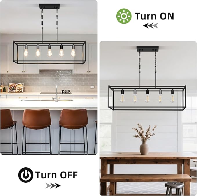 5-Light Rustic Farmhouse Chandelier, Rectangular Metal Kitchen Island Pendant Lighting Fixtures, Black Industrial Linear Hanging Light for Dining Room, Entryway, Foyer, Bar, Living Room