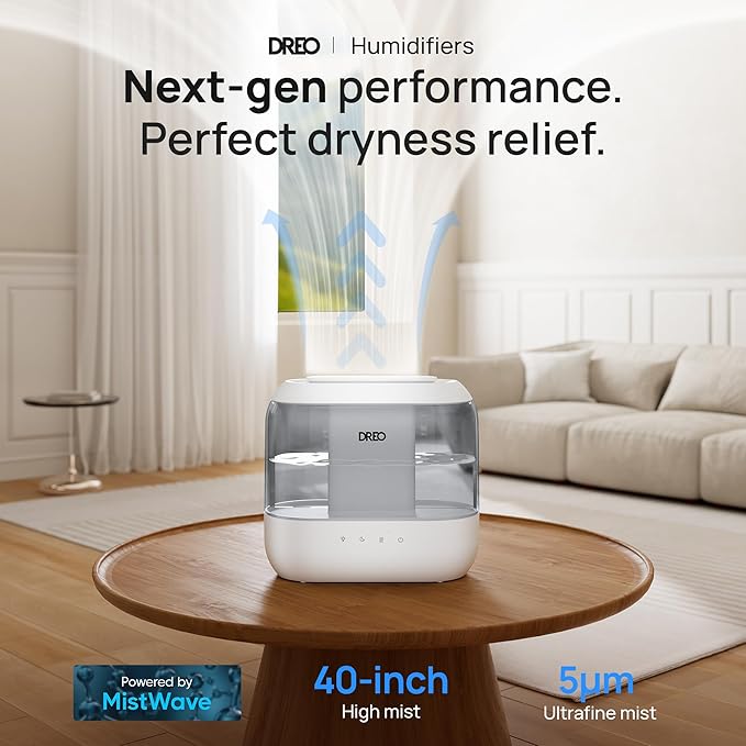 Dreo Humidifiers for Bedroom, 4L Top Fill for Large Room, 36H Runtime, 28 dB Quiet Supersized Cool Mist Air Humidifier for Baby Nursery, Plants, Indoor, Night Light, Easy to Clean & Fill, Gray