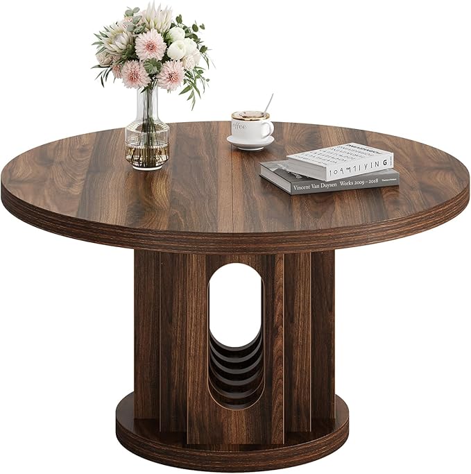 31.5" Round Coffee Table, Small Wooden Circle Center Table Hole Panel Splice Design Coffee Tables for Living Room, Thickened Edge MDF Board, Walnut