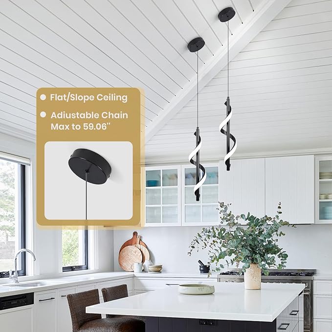 Modern Led Pendant Light Fixtures,6000K Cool White Black Led Pendant Lighting for Kitchen Island,Adjustable Height Hanging Light Fixtures for Kitchen Dining Room Living Room,1 Pack